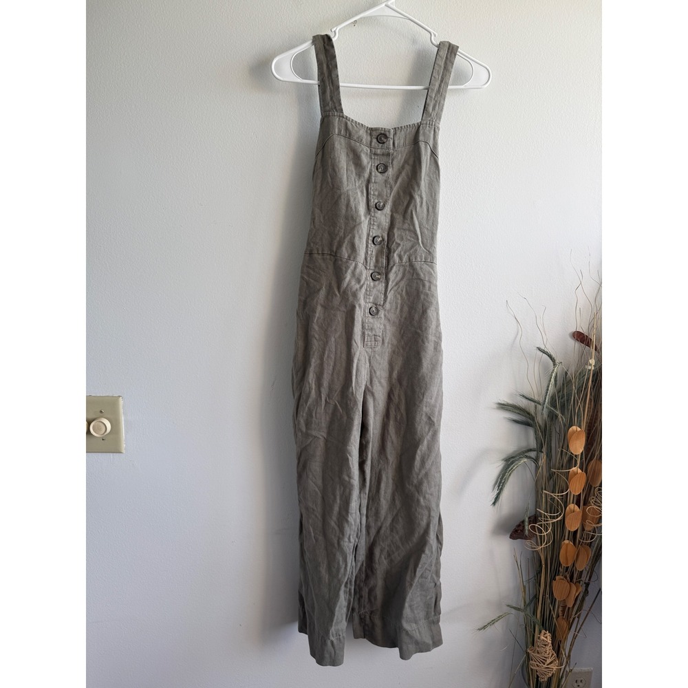 Everlane‎ Women Olive Green Linen Button Front Wide Leg Jumpsuit Size 0 Tie Back